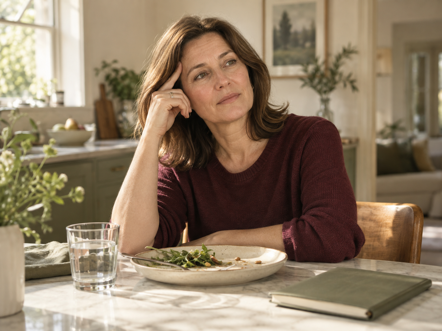 Woman taking a quiet afternoon break at her kitchen table