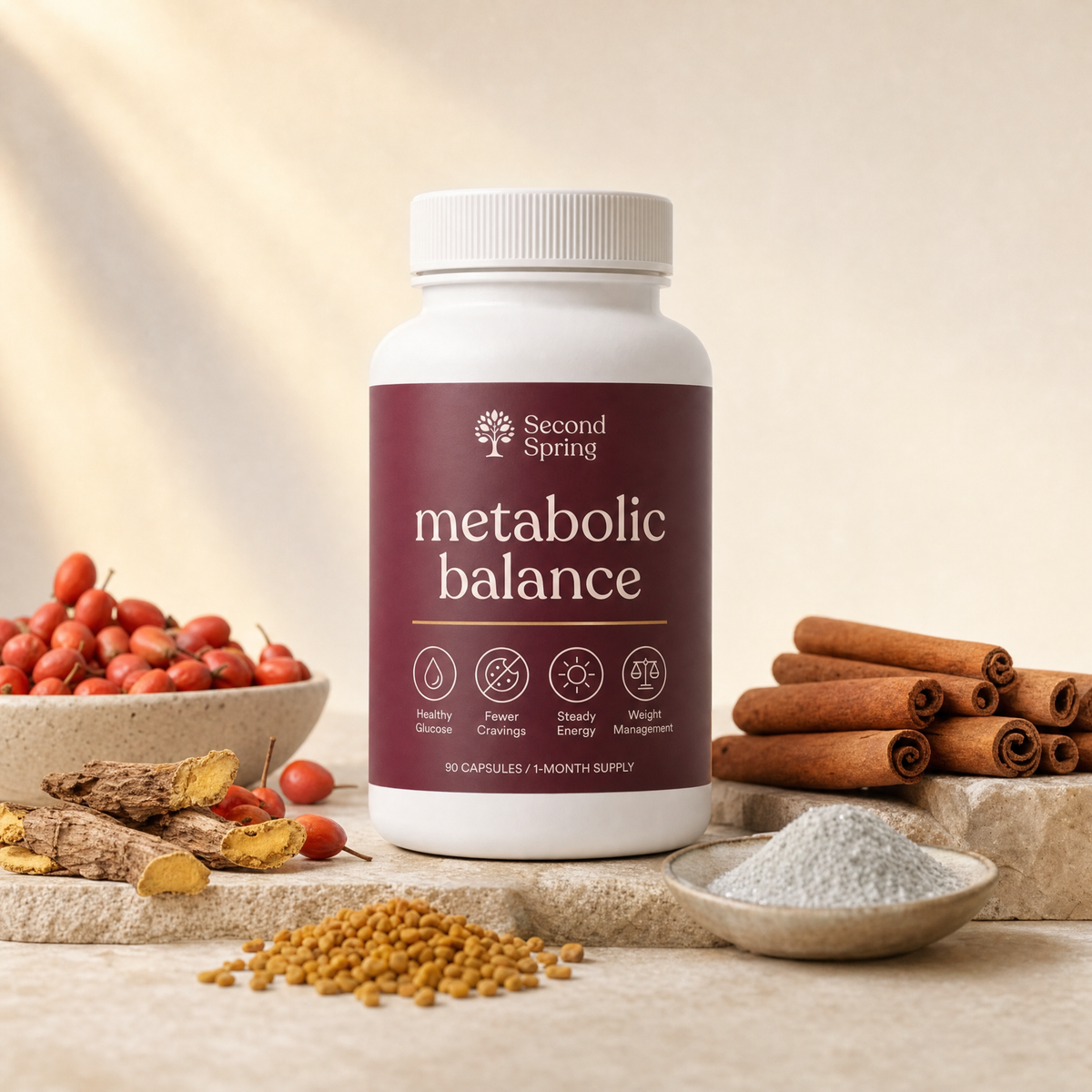 Fenugreek seeds, cinnamon and barberries on a cream surface