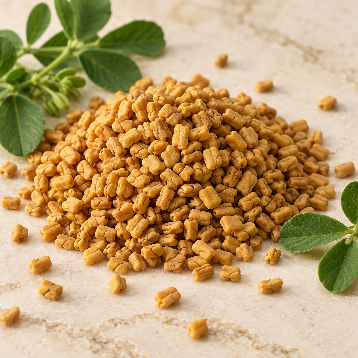 Golden fenugreek seeds and green leaves