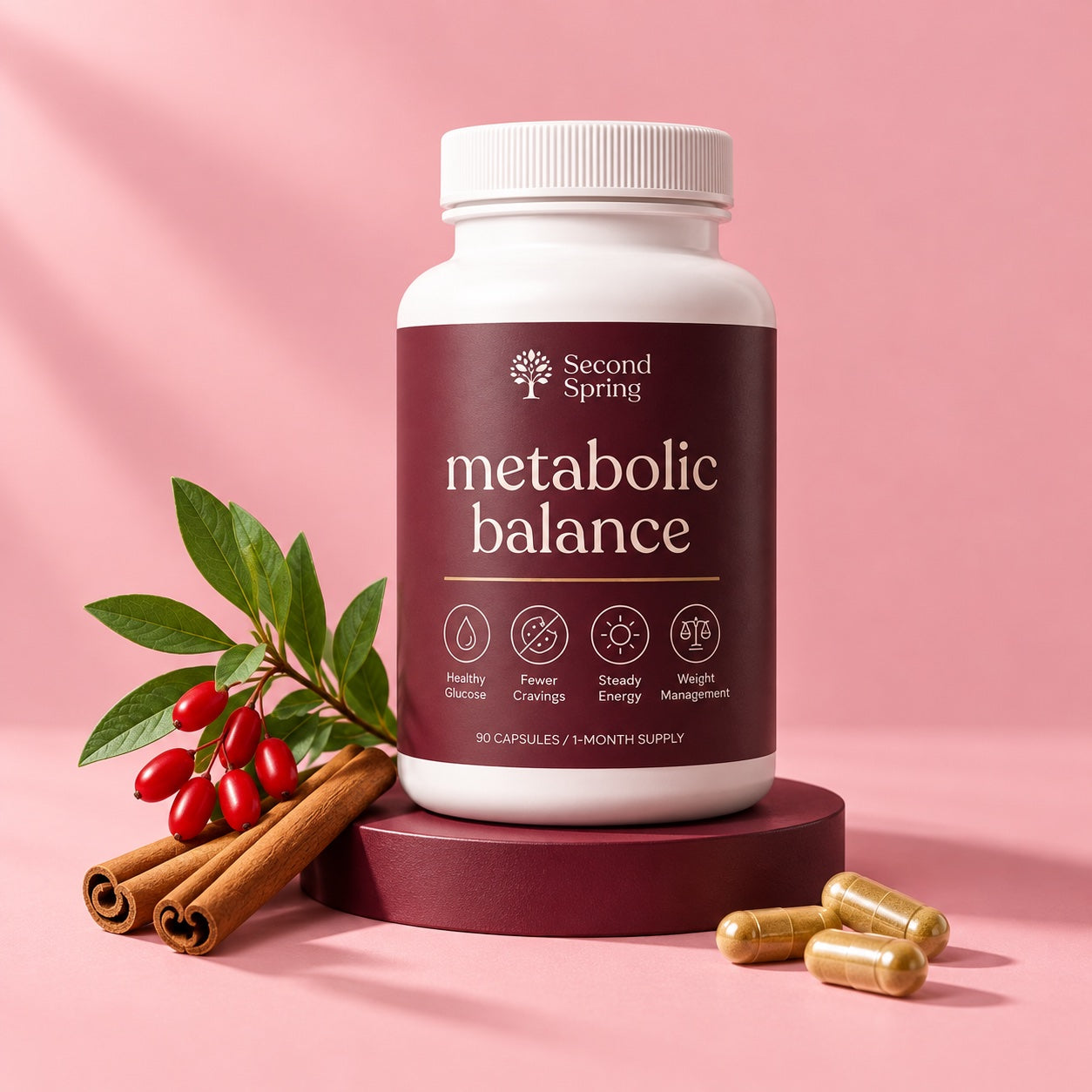 Second Spring Metabolic Balance bottle with cinnamon and botanicals